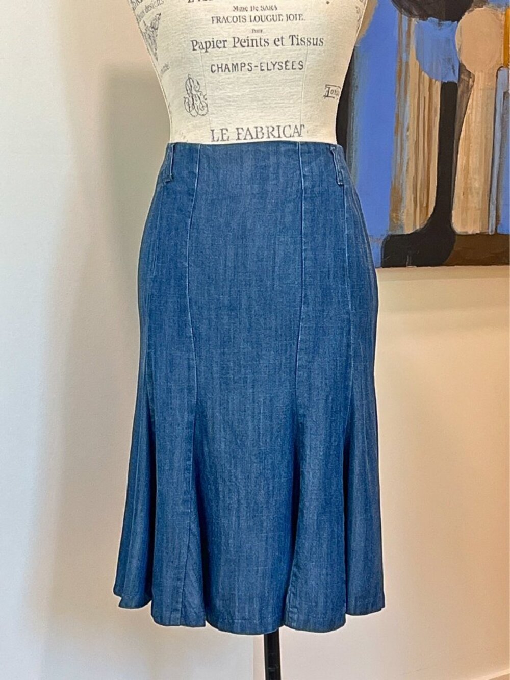 Dalia Collection 100% Tencel Bias Godet Midi Skirt + Belt Navy Blue Sz 8